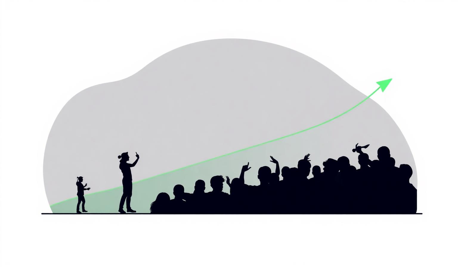 Silhouettes of a growing audience under a rising green growth line